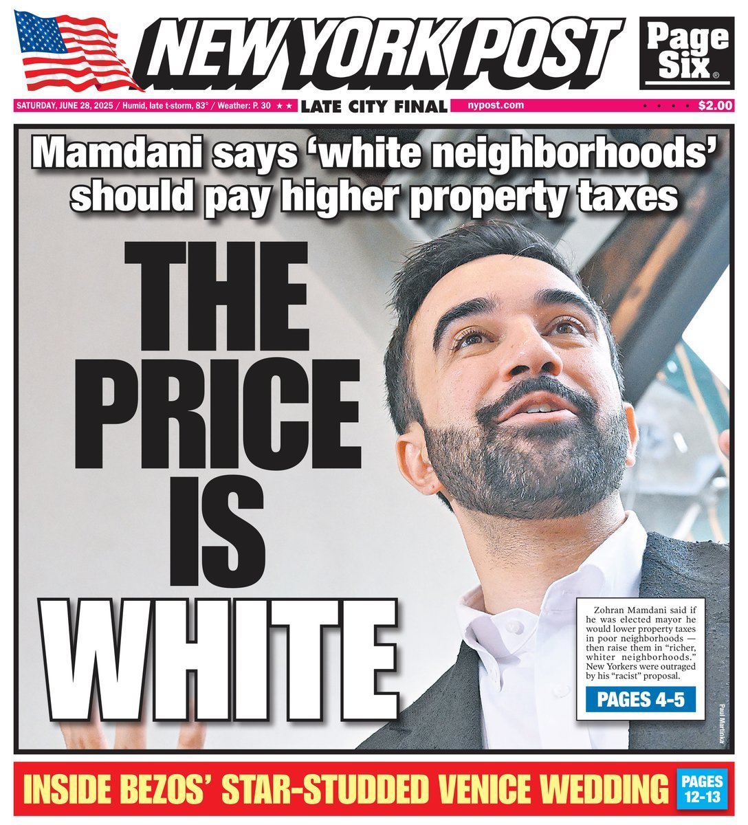 New York Post front page — Mamdani, "The Price Is White"